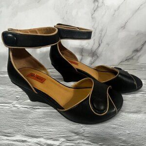 Miz Mooz  Clementine Black Leather Peep Toe Ankle Strap Wedge Heel Sandals